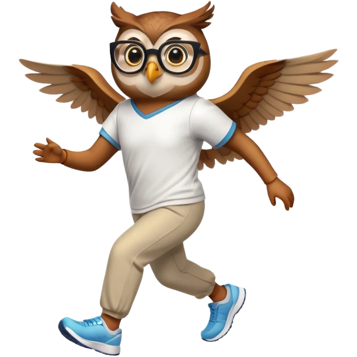 friendly anthropomorphised owl with visible wings, in pants and a shirt, wearing glasses, jogging upright, relaxed pose emoji