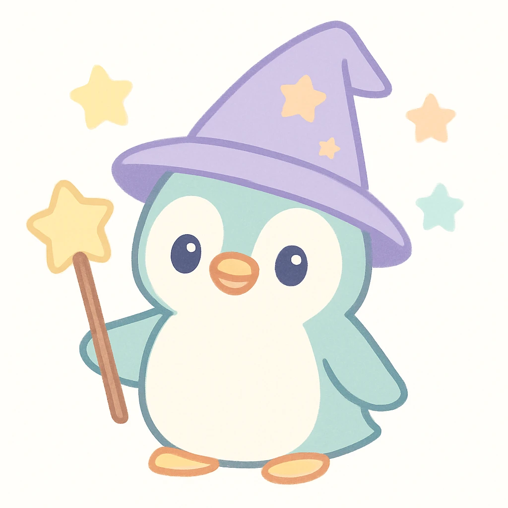 a penguin dressed as a wizard, with a pointed hat and a magic staff, in a fun and whimsical style emoji