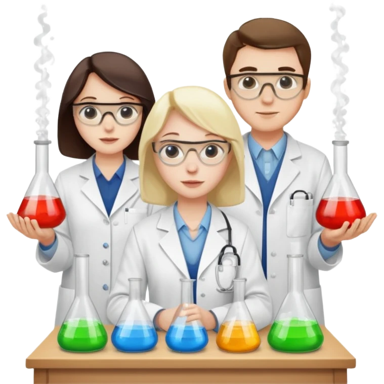 The team of three scientists is waist-deep, surrounded by chemical flasks and books emoji