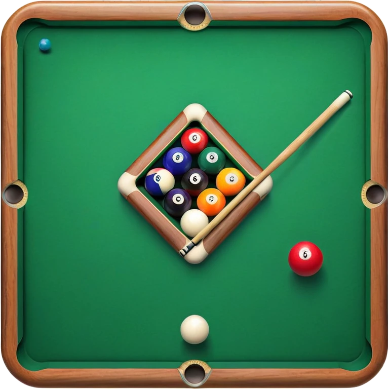 A close-up of a pool cue aimed at a set of colorful billiard balls resting on a green felt table. The focus is on the cue stick and the arrangement of balls, with subtle details of the game’s texture and atmosphere, emphasizing the precision and skill of billiards. emoji