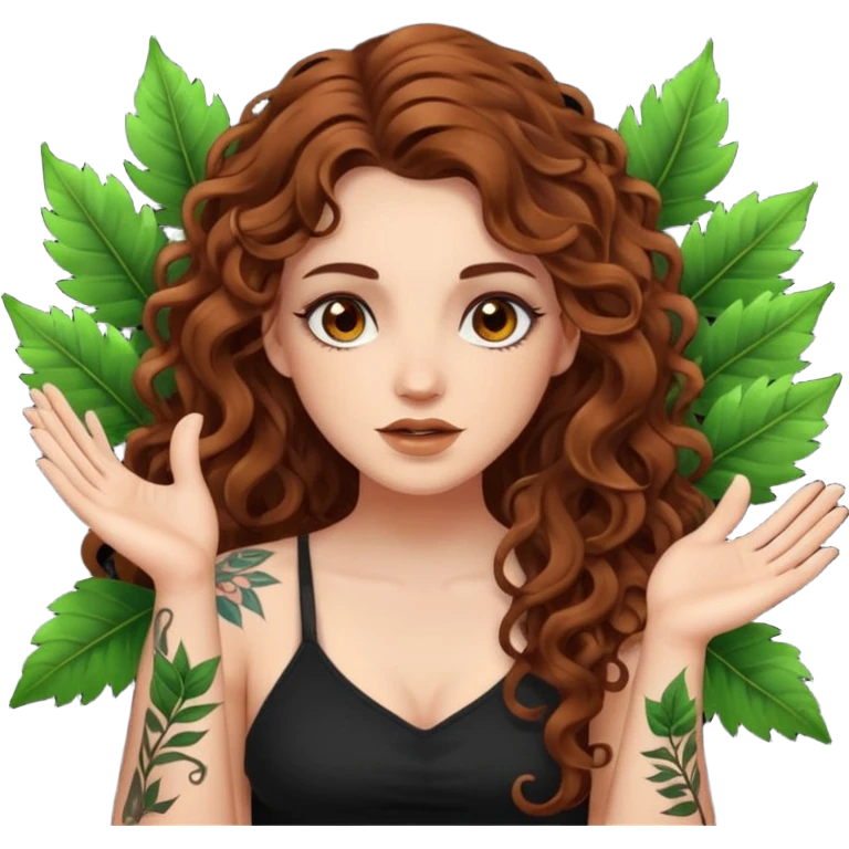 woman with long curly brown hair, brown eyes, white skin, tattoos, sarcastic slow clap made of glowing leaves emoji