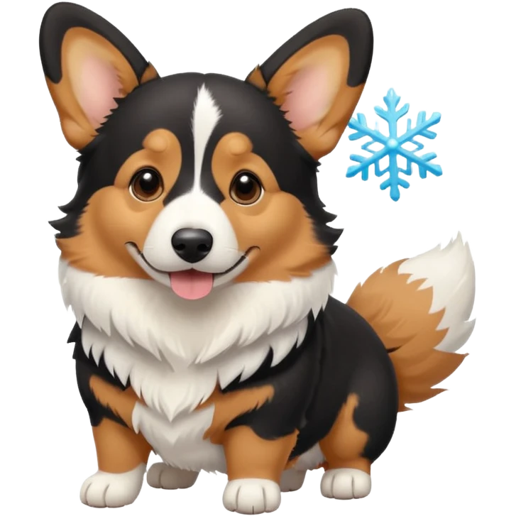 black tricolor corgi with no tail and a snowflake on it's nose emoji