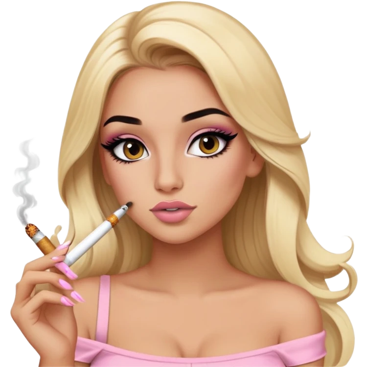blonde long hair gorgeous girl with latina makeup smoking a cigarette winged eyeliner big lashes light pink tube top emoji