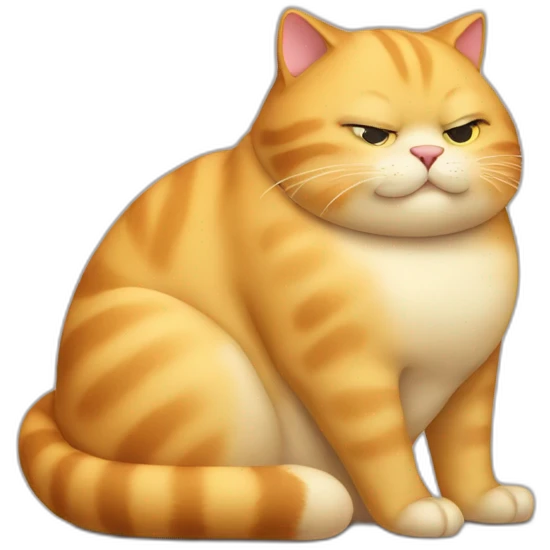 A fat golden cat sits with a big belly due to overeating and sighs emoji