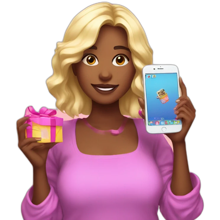 influencer taking a picture of herself holding a bright box in her arms emoji