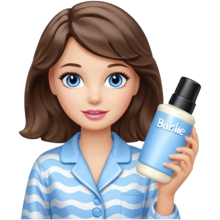 Barbie girl with makeup, blue eyes , and bob long haircut wavy, short brown hair in creamy color pajamas, face cream in hand emoji
