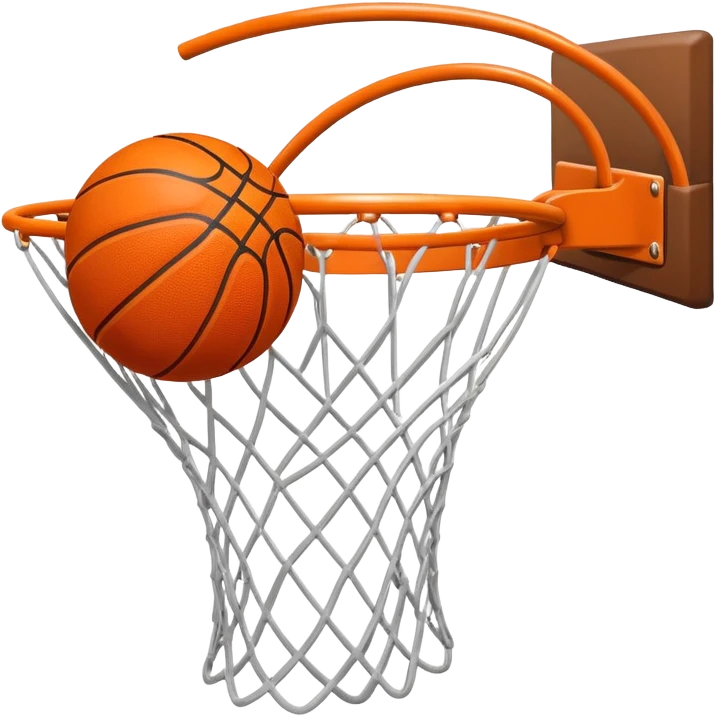A close-up of a basketball shield and hoop with the ball swishing through the net, captured mid-air. The background emphasizes the tension and excitement of the moment, with the rim and net in sharp focus, showcasing the precision and skill of the sport. emoji