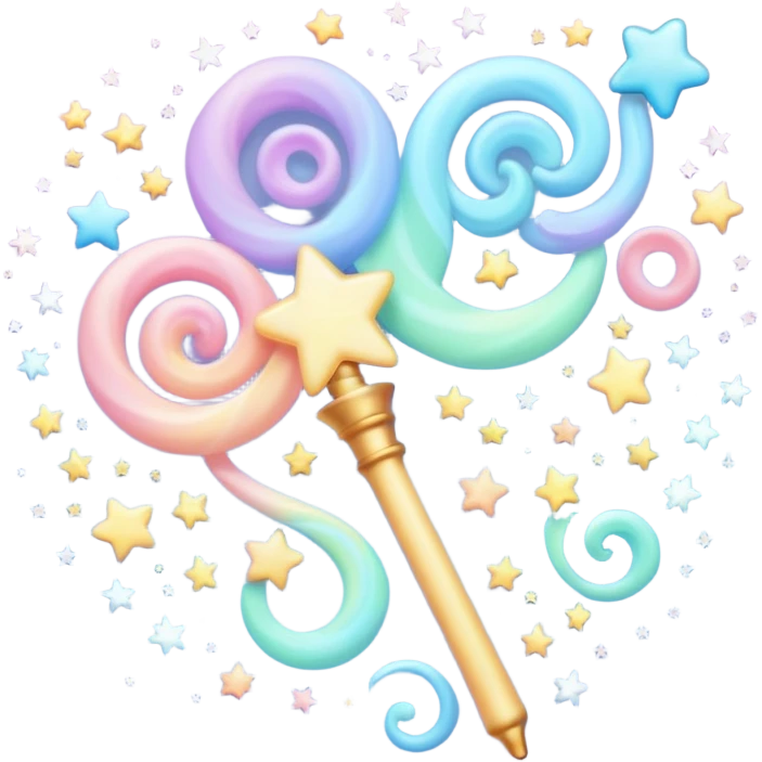 Cinematic cute magical wand, pastel swirls of color, tiny twinkling stars floating around, glowing softly, chubby rounded edges, whimsical and dreamy. emoji