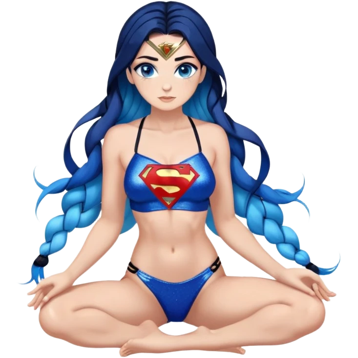 Front view-very very very large chest-playful face-posing on knees-very long straight flowing dark blue to light blue hair ombre in a braid-blue eyes-black eyeliner-long eyelashes-iridescent sting bikini top with glitter superman logo-playful emoji