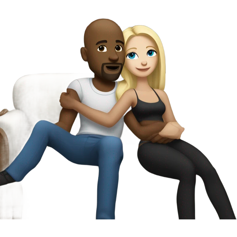 Blonde woman with blue eyes and long straight hair and black man who is bald with a goatee seated together on a sofa enjoying a passionate embrace.   emoji