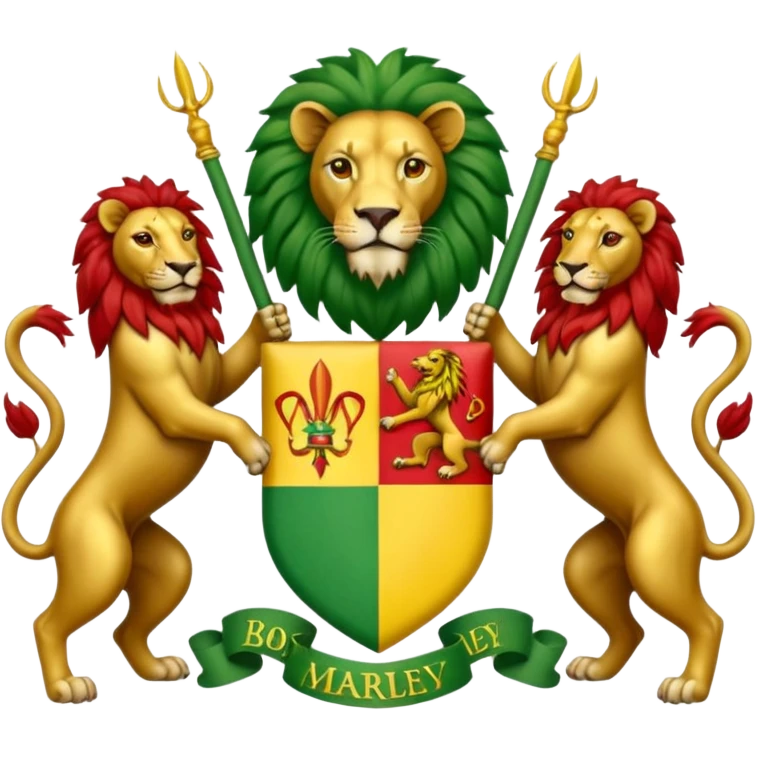 Bob Marley heraldic crest with ethiopian lions and colors emoji