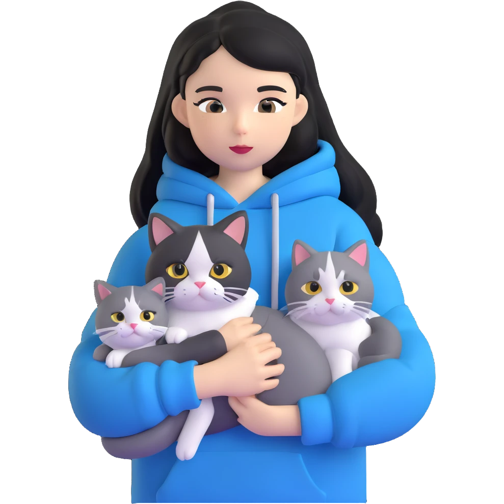 Girl with black hair in gray hoodie with a British shorthair blue and white cat and a long-haired blue and white cat emoji
