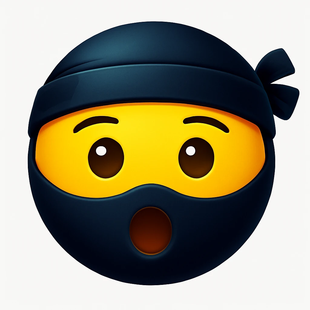 Make the ninja look exactly like the reference image, but only show the face, remove the weapon, and make the ninja look surprised. Keep the emoji style and the same colors. The style is emoji, which is apple style emojis with concise prompts. emoji