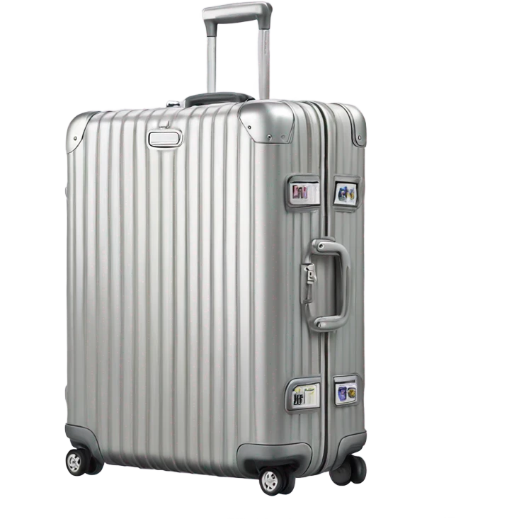Rimowa silver suitcase with stickers on it emoji