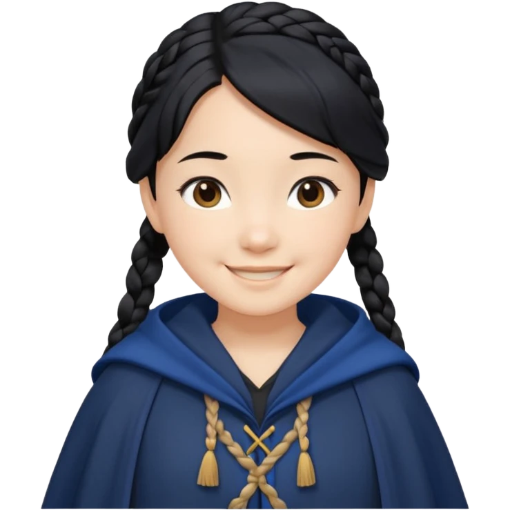 braid black hair, white asian girl, dark blue cloak, happy smaile emoji