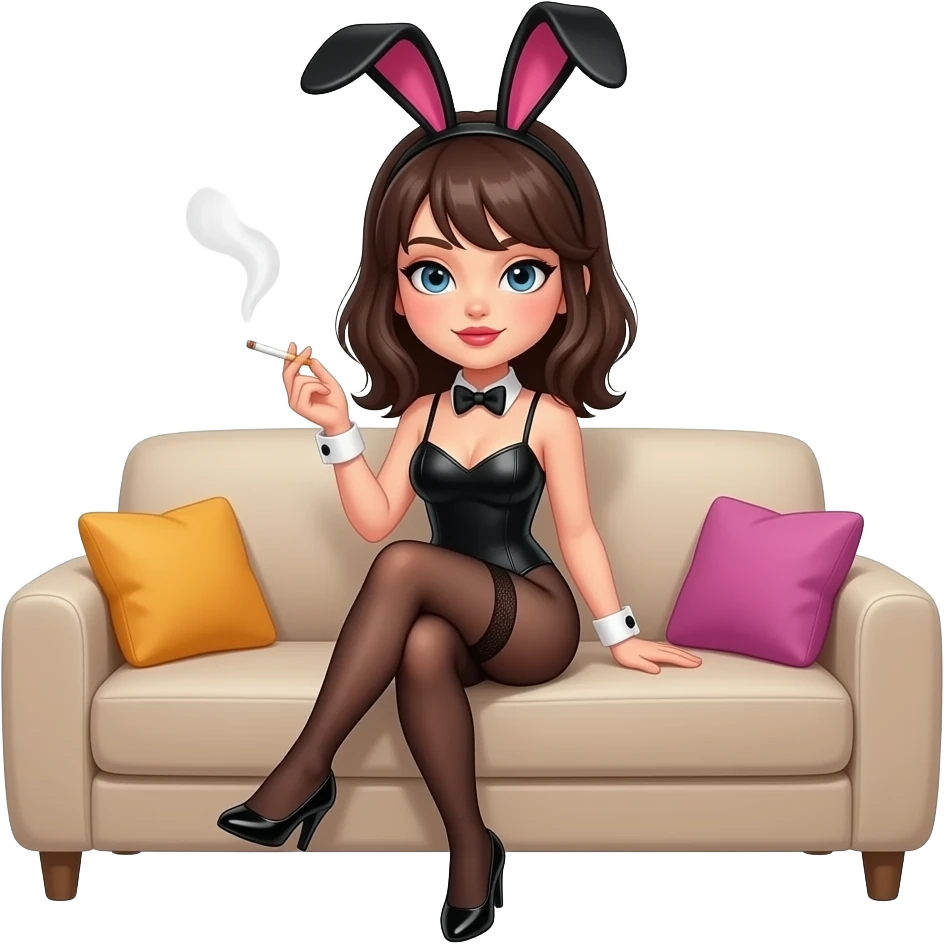 A baddie girl in bunny clothes looking sexy smoking  and she is sitting on the couch in her room emoji