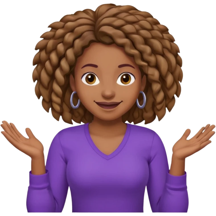 black woman with locks shrugging-smiling with purple shirt emoji