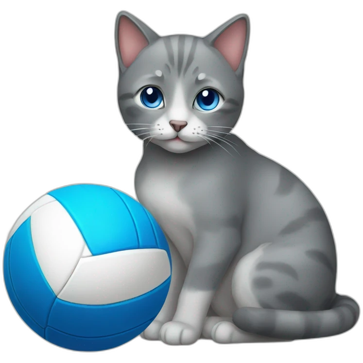 a gray cat with blue eyes and a volleyball emoji