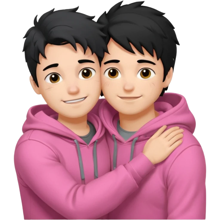 generate a pretty bratz fair skinned boy with messy black hair in a grey hoodie. Hugging his girlfriend who is wearing pink. Make him muscled. Boy in grey hoodie, girl in pink emoji