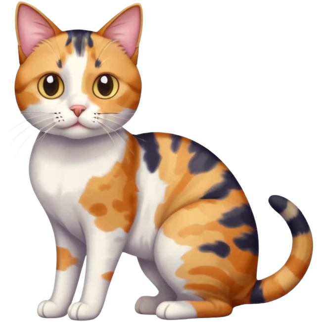 full body anxious looking colourful patchy calico tabby cat with tiny head to large body with fully white front legs emoji
