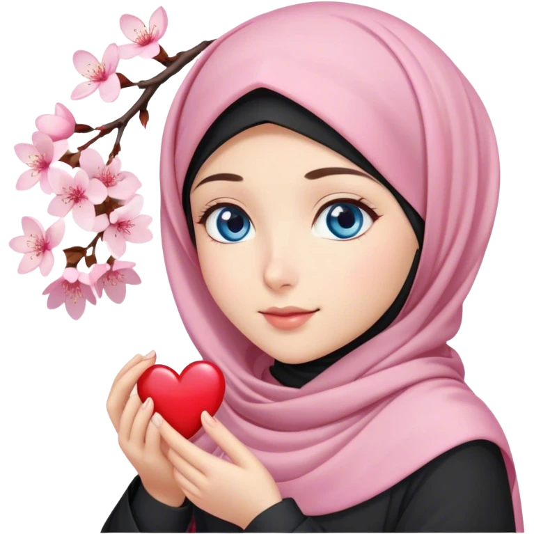 Turkish beautiful finish Konya girl blue eyes with cherry blossom flower design hijab and hold heart in her hand  emoji