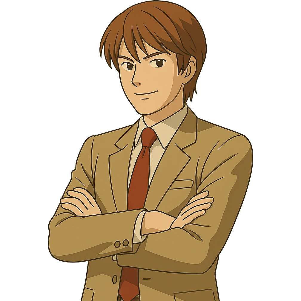 Light Yagami in Ghibli style, standing with arms crossed, confident expression, transparent background. emoji