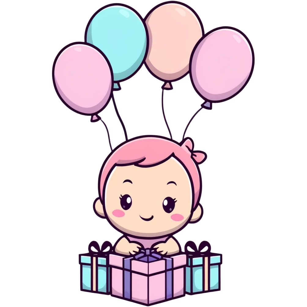 happy baby girl surrounded by pastel pink balloons and presents at birthday party emoji