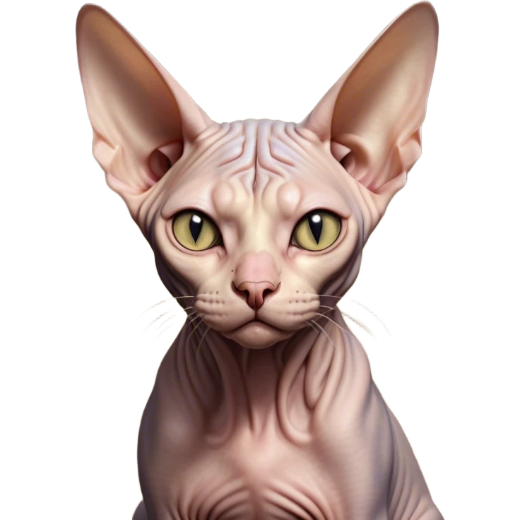 Cinematic Meme-Worthy Grumpy Sphynx Cat Portrait Emoji, Head held high but eyes filled with dramatic disappointment, hairless, wrinkled skin forming deep furrows of discontent, large ears positioned like tiny radar dishes of judgment, signature scowling mouth and narrowed eyes radiating pure disapproval, Simplified yet hilariously over-exaggerated features, highly detailed, glowing with an aura of supreme annoyance, high shine, exhausted yet judgmental, stylized with an almost regal pettiness, bright but brooding, soft glowing outline, capturing the essence of a feline that has seen it all and is thoroughly unimpressed, so meme-worthy it feels like it could instantly become the next viral sensation of grumpiness! emoji