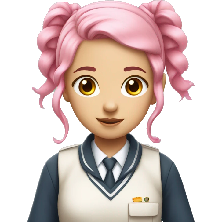 Girl with pink hair, two pigtails, pink eyes wearing a cachi school uniform  emoji