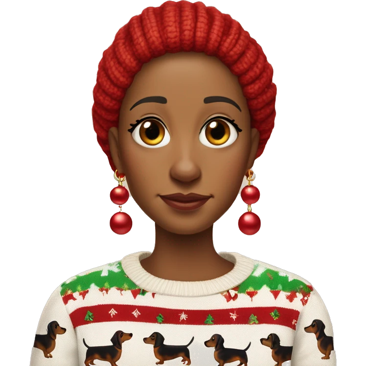 Skin tone: My skin is quite pale with a very tiny hint of peace. Outfit: An ugly Christmas sweater with brown dachshunds on it. Accessories: Just lady bug earrings. Expression: Unbothered sass. My age: 80  emoji