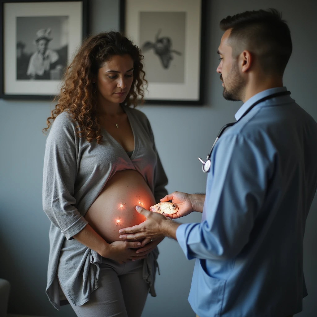 realistic pregnant woman in 4K consulting a doctor or nutritionist, the professional showing her an image of parasites in salmon, she nods worriedly emoji
