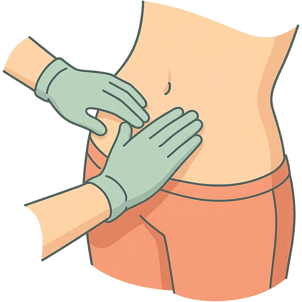 Close-up of a human abdomen with a doctor wearing gloves palpating it. Fingers gently pressing on the abdomen with pressure points highlighted by small dents. The person is wearing pants, side view, 2D isometric style, very detailed, soft rounded shapes, clean contours, pastel palette, refined shadows and highlights, modern illustration, transparent background. emoji