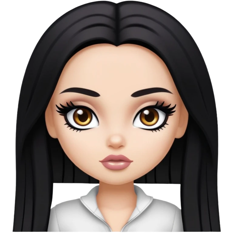 pretty bratz baddie, black eyeliner, medium white skin, jet-black long hair, dark brown eyes emoji