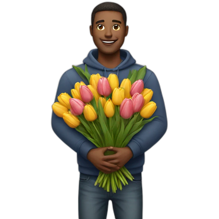 man holding a huge bouquet of tulips in his arms emoji