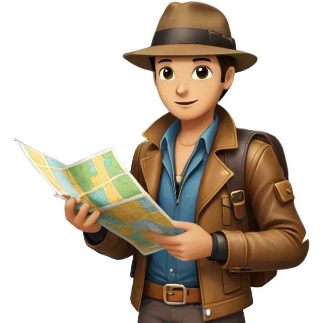 Icon for Adventure Movies: A vibrant collage with an adventurer wearing a fedora and leather jacket, holding a map in a jungle setting. Include ancient ruins, treasure chests, snakes, and a hidden waterfall. Bold, exciting atmosphere with a retro cinematic feel. Transparent background. emoji