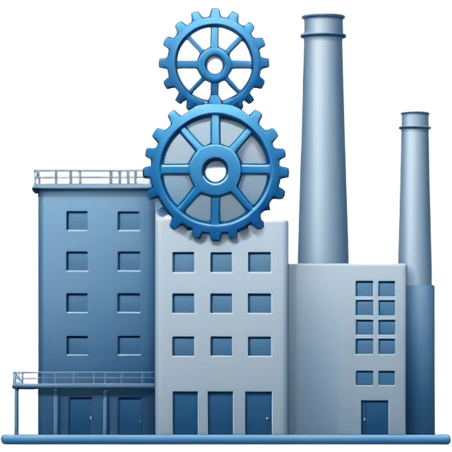 "A minimalist vector icon of a modern manufacturing factory building with a gear symbol above it. Blue and grey color scheme, flat design, white background, simple thick lines, professional business logo style." emoji