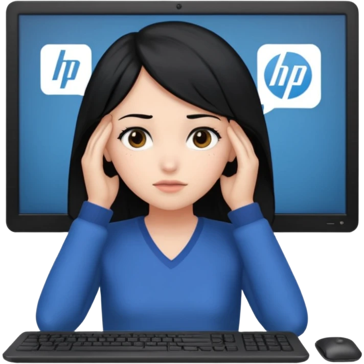 A girl is in front of a computer and is holding her head.The one with black hair And the computer is of a certain type hp emoji