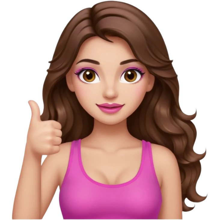 girl with long wavy brown hair, brown eyes, long lashes makeup, sexy pink lips, light to medium complexion, wearing a pink sexy top, thumbs up emoji