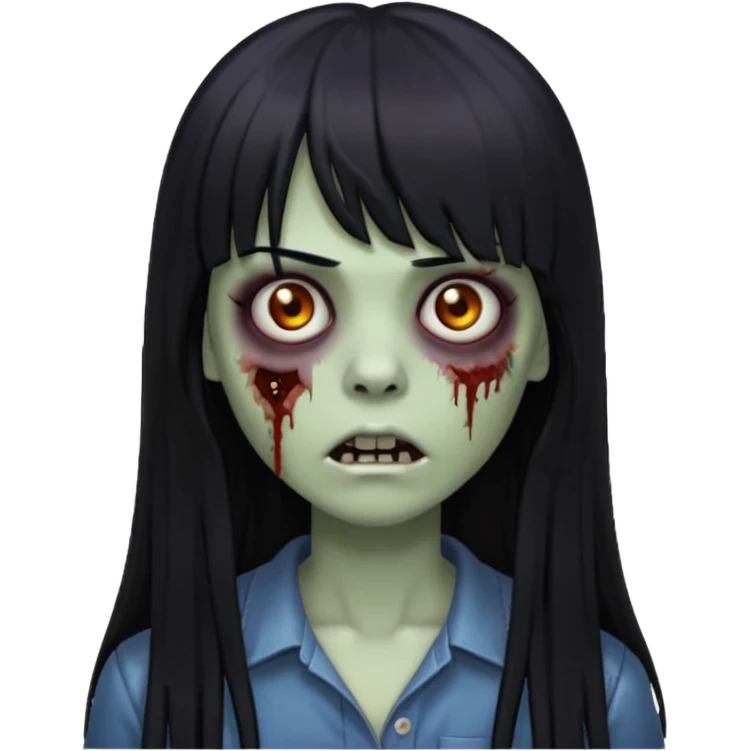 Uma zumbi com cabelos pretos lisos e longos com uma franja emoji