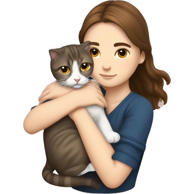 Girl with brown hair and drown eyes hug Scottish fold cat  emoji