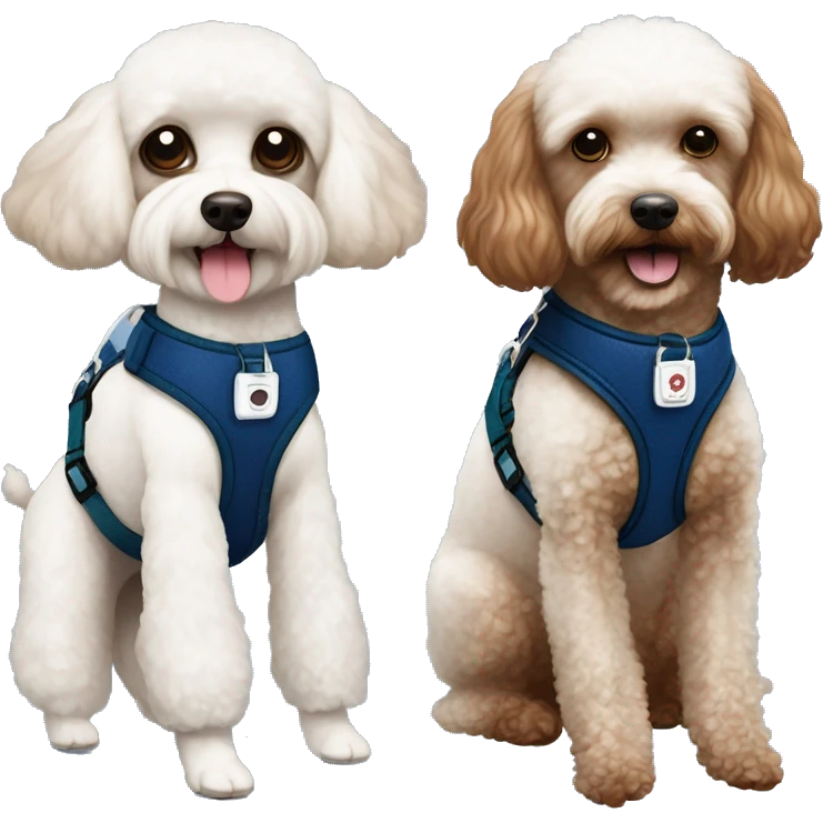 Brown toy poodle with teddy bear haircut wearing dark blue harness and all white Maltese wearing dark green harness emoji