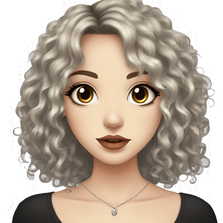 girl pretty, pale skin and medium length curly black hair with hair layers, bangs, big hazel eyes, big lips, small nose, nose nostril piercing, three ear piercings emoji