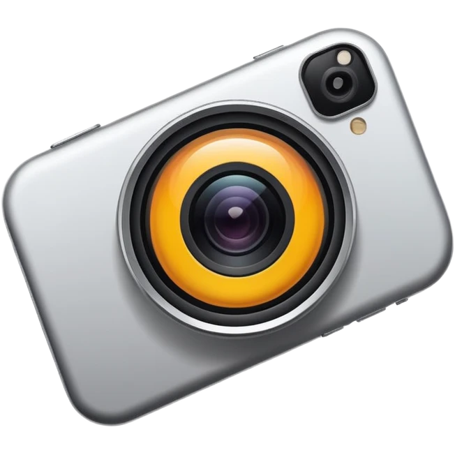 Minimalistic flat vector icon, iOS style, thin black contour on white background. Smartphone with a camera lens symbol. No text, no shadows.
 emoji