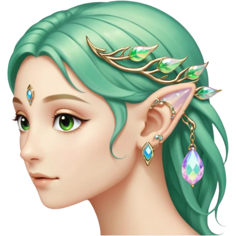 portrait of Elvish fae shiny sparkly iridescent translucent diaphanous ear climber ear cuff emoji
