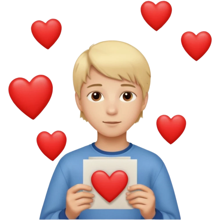Un garçon blond aux yeux marrons de 13 ans qui tient avec ses mains un L avec des cœurs autour de son visage emoji