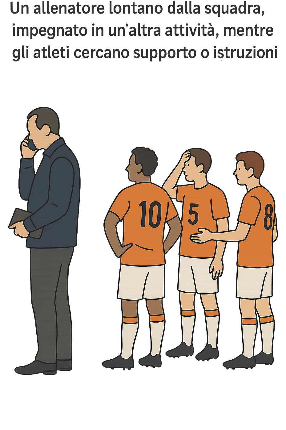 a coach is seen far away on the sidelines, partially turned away from the team or group, engaged in another activity (like reading, texting, or talking on the phone), while the athletes look toward them for support or instruction. The distance between coach and team is visually clear, symbolizing lack of presence. in italiano emoji
