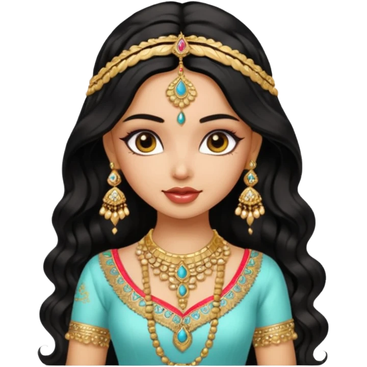 a pretty bratz fair indian girl wearing an indian wedding outfit,  golden jewellery, black wavy hair emoji