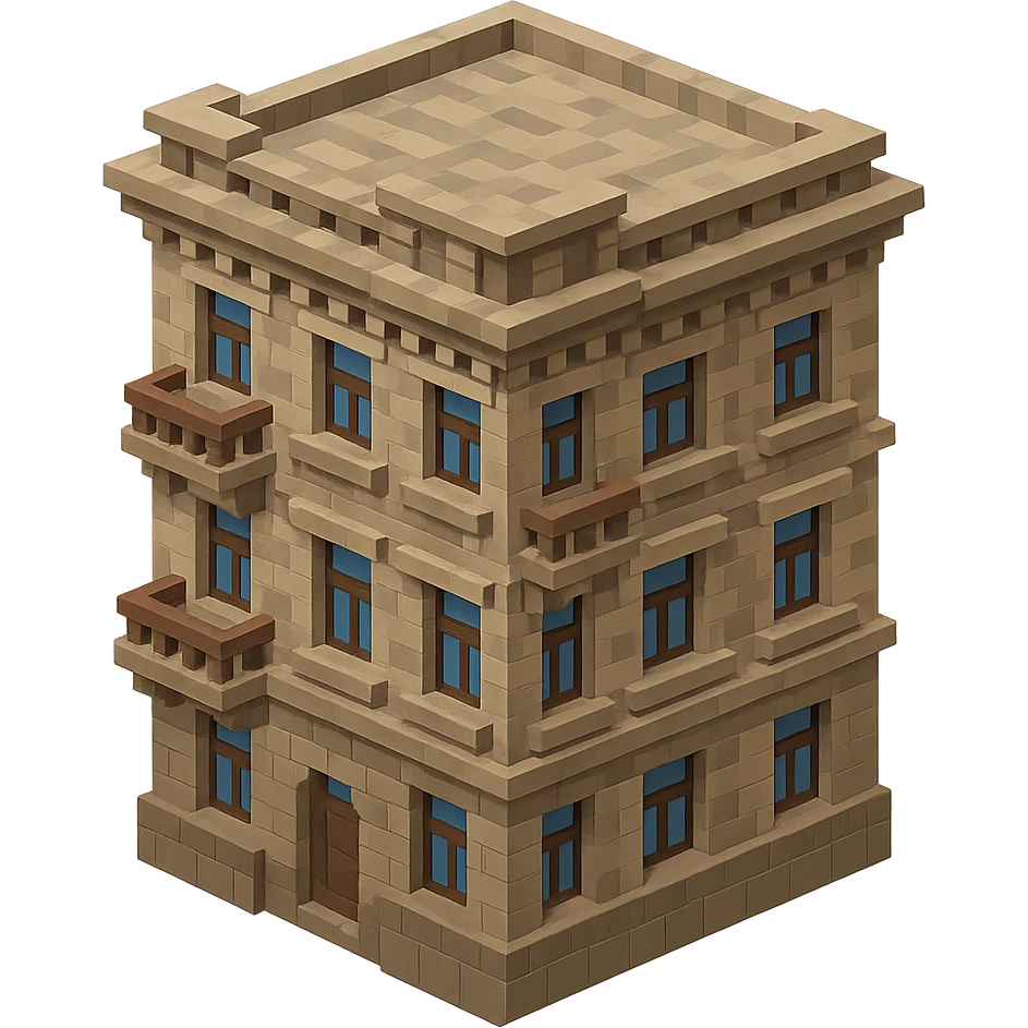 old Saint Petersburg building in voxel style, gray-brown palette, detailed cornices and balconies, isometric view emoji