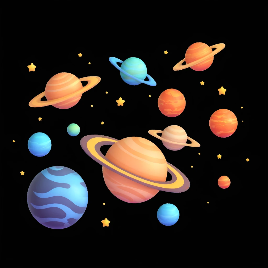 galaxy with glowing planets and stars, playful and round emoji