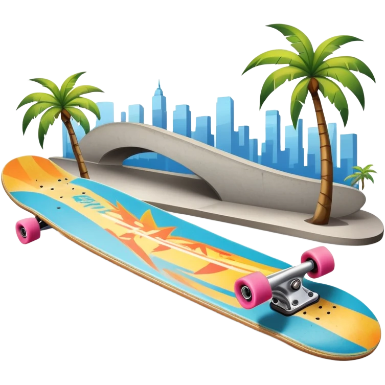 An icon featuring a skateboard resting on a smooth concrete surface. The background shows a sunny skate park with ramps, graffiti walls, and palm trees, creating an urban vibe. The skateboard is designed with vibrant colors and unique graphics. Transparent background  emoji